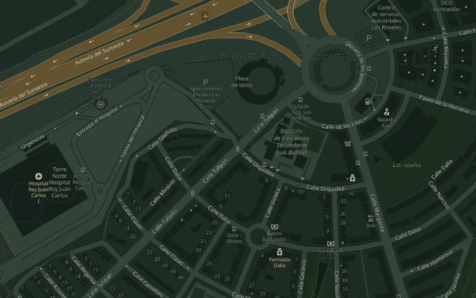 Mapa de Móstoles con la ubicación de Sidrería El Gallu en la esquina de la calle Tulipán con la calle Orquídea